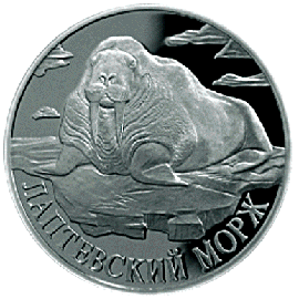 монета Лаптевский морж 1 рубль 1998 года. реверс