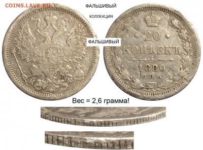 Фальшивые монеты России до 1917г сделанные в ущерб обращению - 20 копеек 1880 СПБ-НФ №3 вес = 2,6 грамма