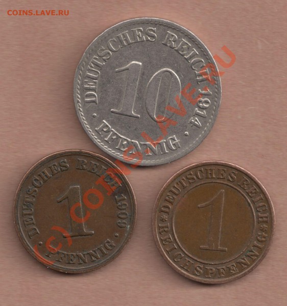 1 PFENNIG 1909, 1936. 10 PFENNIG 1914 = 15 ЕВРО - 1 pf