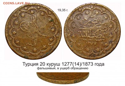 Фальшивые иностранные монеты изготовленные в ущерб обращению - Турция 20 куруш фальшивый