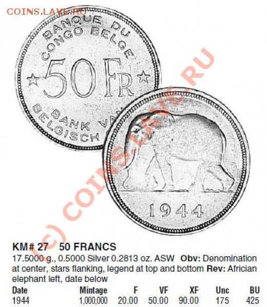 50 франков, Бельгийское Конго, 1944, до 13.01.09 21-00+ - БК