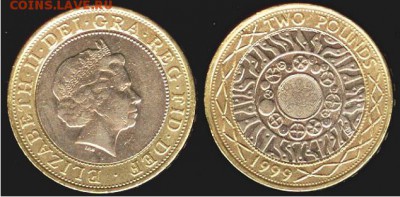 Великобритания 2 фунта- 1999 год, до 21.00 мск 18.11.15 - Великобритания 2 фунта 1999г