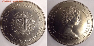 1 кроновые Юбилейные монеты Англии ОПТОМ! - 1 крона 1972 год 25 лет Свадьбы Елизаветы II