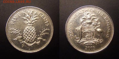 3 - Багамы (Багамские острова) – 5 центов (2005) «Ананас; герб» №1