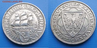 Веймар 3 марки 1927г Корабль до 15.06 22-00 мск - серебро германия