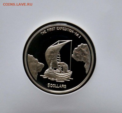 Монеты с Корабликами - liberija_5_dollarov_1999_kpd_ra_ekspedicija_ra_parusnik_korabl