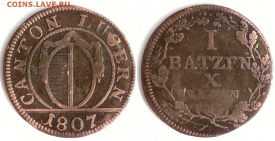 Монеты Швейцарских кантонов. - Швейцария Люцерн 1 батцен - 10 раппен 1807 KM-101 319