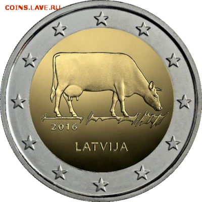 Евро Латвия 2 ЕВРО Аист,Корова,Новинка-Видземе (3.12-22.00) - LV-2016-2euro-Cow-a