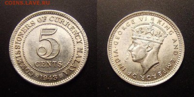 БРИТ. МАЛАЙЯ 5 центов (1943) до 09.04 (22.00) - Брит. Малайя – 5 центов (1943) «Георг VI» (Ag)
