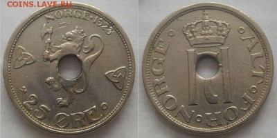 Монеты с отверстием в центре - Норвегия - 25 эре 1923