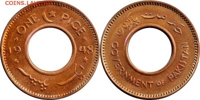 Монеты с отверстием в центре - Пакистан - 1 пайс 1948