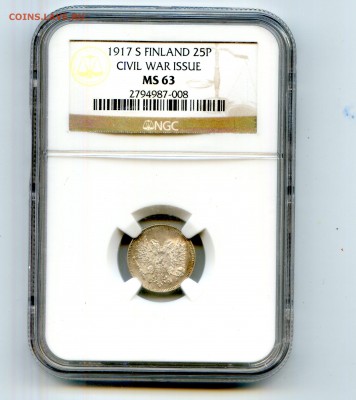 Финляндия 1917. 25 пенни Орёл без короны NGC MS63 до21.05в22 - CWSC035