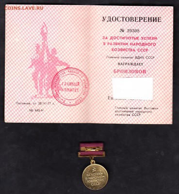 СССР медаль за успехи в развитии нар хозяйства (ВДНХ)с доком - 13а