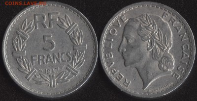 с 200 руб. Франция №1 - 5 монет до 22:00мск 25.08.17 - Франция 5 франков 1947