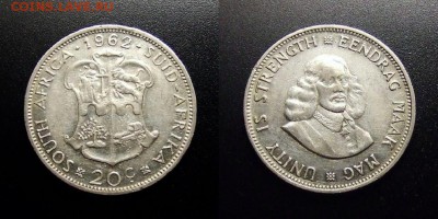 МОНЕТЫ МИРА 10-17 - ЮАР – 20 центов (1962) «Герб; исследователь Ян ван Рибек» (Ag)