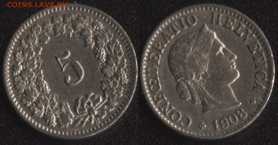 ФИКС! 20 монет мира до 1950 года №4 - Швейцария 5 раппен 1908 -65