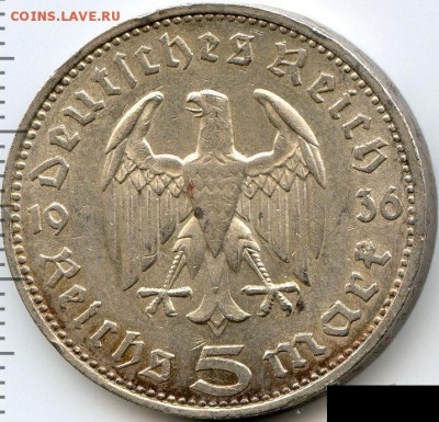 Германия, 5 марок 1936 F до 16.05.18, 22:30 - #И-325