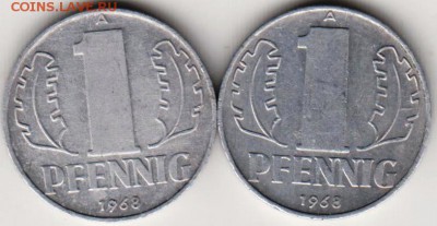 ГДР 1 пфенниг 1968 г. 2 шт. до 24.00 30.09.18 г. - 008