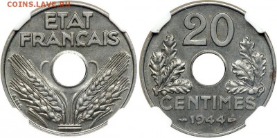 Монеты с отверстием в центре - 20 сантимов 1944