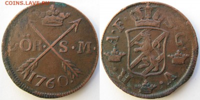 35.Монеты Швеции 1760-1950г. - 35.1. -Швеция 2 эре 1760    985
