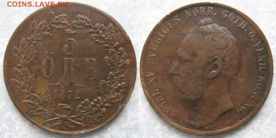 35.Монеты Швеции 1760-1950г. - 35.7. -Швеция 5 эре 1872    160-ак35-3675
