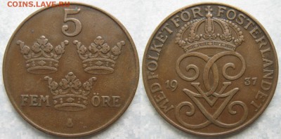 35.Монеты Швеции 1760-1950г. - 35.26. -Швеция 5 эре 1937     7902