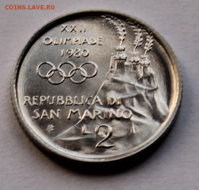 Сан Марино 2 лиры 1980, тираж - 130 000. ОИ-80. Футбол - UNC - 8