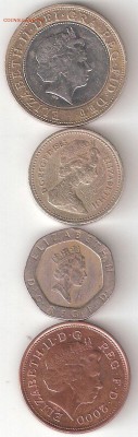 Великобритания 4 : 2фунт2009,1фунт1983,20пенс1989,2пенса2000 - BRITISH-4st A coin 3,22