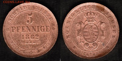 Монеты различных земель Германии (1806-1864) - 9 штук - 5 пфеннигов 1862 В Саксония скан