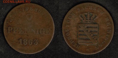 Монеты различных земель Германии (1806-1864) - 9 штук - 2 пфеннига 1863 Саксония Майненгейн1скан