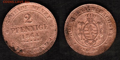 Монеты различных земель Германии (1806-1864) - 9 штук - 2 пфеннига 1864 В Саксония скан