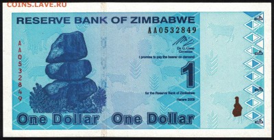 Зимбабве 1 доллар 2009 unc 11.06.19. 22:00 мск - 2
