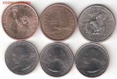 США 6 монет: 3 по 1 доллару + 3 Квотера-парки - КеннСакагСьюзен и 3 Квотера-парки А