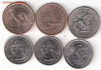 США 6 монет: 3 по 1 доллару + 3 Квотера-штаты - ГардСакагСьюзен и 3 Квотера-штаты А