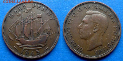 Великобритания - ½ пенни 1945 года (Парусник) до 22.10 - Великобритания 1.2 пенни, 1945
