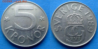 Швеция - 5 крон 1989 года до 3.12 - Швеция 5 крон, 1989