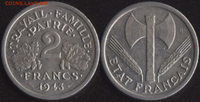 Франция 2 франка 1943 ОТЛИЧНАЯ  до 22:00мск 13.03.20 - Франция 2 франка 1943