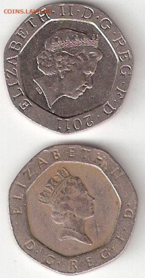 Великобритания: 2 монеты по 20 пенсов, 1989,2011 годы, ФИКС - BRITISH 20 pence 1989,2011 P