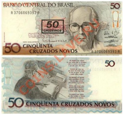 Недорогие иностранные банкноты. Состояние Пресс. - Бразилия 50 новых крузадо 1990г
