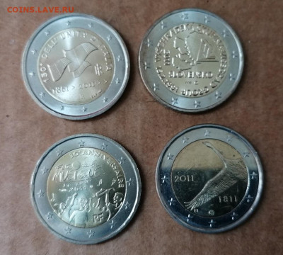 2 Евро 4 юбилейных монеты до 26.07.20 22.00 - Италия, Словакия, Франция, Финляндия реверс