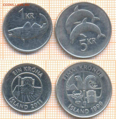 Исландия 5 крон 1999,1 кр 2011 г, до 20.01.2021 г. 22.00 по - Исландия 2 монеты 1054