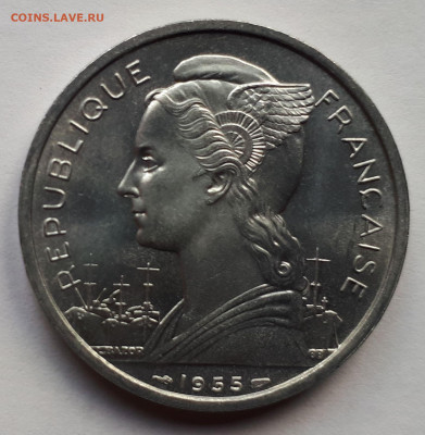 Французский Реюньон - 5 франков 1955 г.  Алюминий. - 9