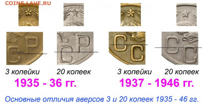 3 копейки 1946 с плоской звездой или просто стёрлась?:) - 3 копейки 1935-46 отличия от 20 копеек