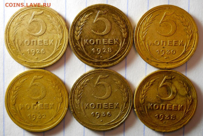 Погодовка СССР 6 монет: 5 копеек 1926,28,30,32,36,38 годы - 5коп - 6шт Р16