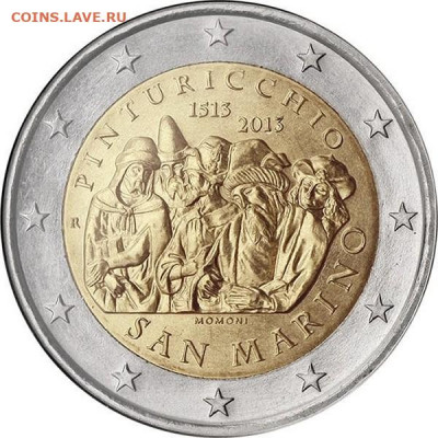 Досчитаем до 10 000 или более - 1513 монета 2 евро Сан-Марино (500 лет со дня смерти художника Пинтуриккьо). Тираж 115 000.