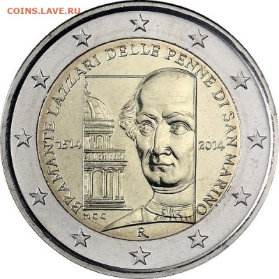 Досчитаем до 10 000 или более - 1514 монета 2 евро Сан-Марино (500 лет со дня смерти Донато Браманте - архитектора). Тираж 114 000.