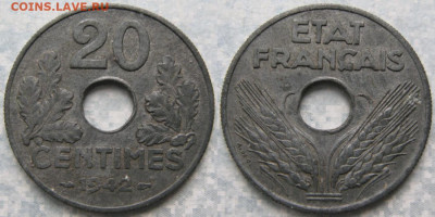 Монеты Франции 1919-1958г. по фиксу - 40.12. -Франция 20 сантим 1942   190-к77-11271