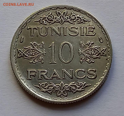 Тунис 10 франков 1934. Серебро, тираж - 1 500 000 - 4