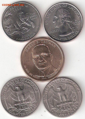 США 5 монет: $1 Президент ТРУМЭН D + 4 квотера - ТРУМЭН и 4 Квотера Р