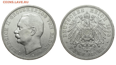 Баден. 5 марок 1908 г. Фридрих II. До 25.11.21. - Р459.JPG